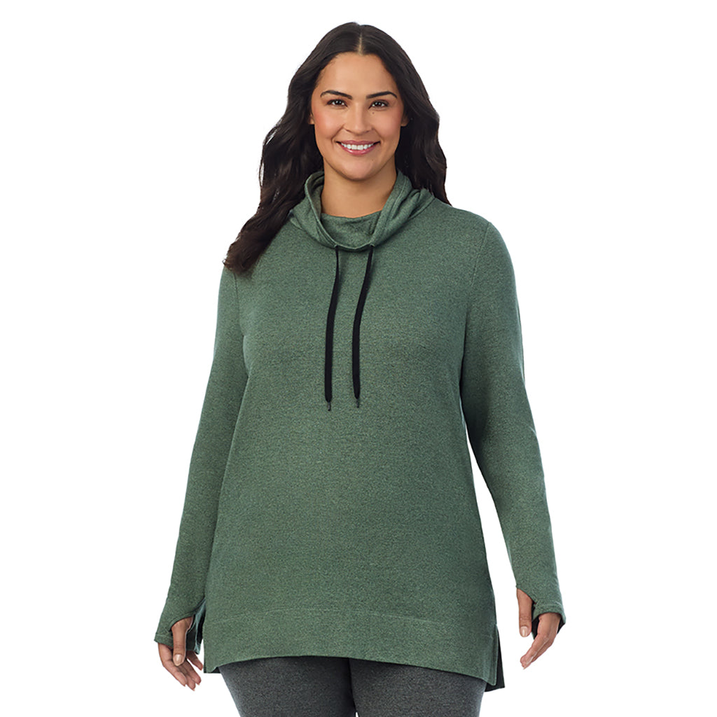 A lady wearing Ultra Cozy Long Sleeve Cowl Neck Tunic PLUS