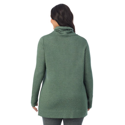 Soft Olive Heather; Model is wearing size 1X. She is 5'10", Bust 40", Waist 33", Hips 47". @A lady wearing Ultra Cozy Long Sleeve Cowl Neck Tunic PLUS