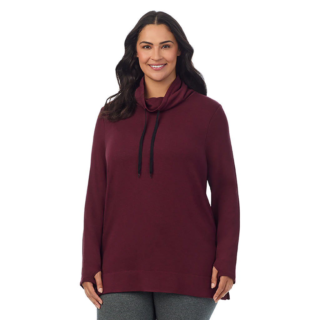 Cabernet Heather; Model is wearing size 1X. She is 5'10", Bust 40", Waist 33", Hips 47". @A lady wearing Ultra Cozy Long Sleeve Cowl Neck Tunic PLUS