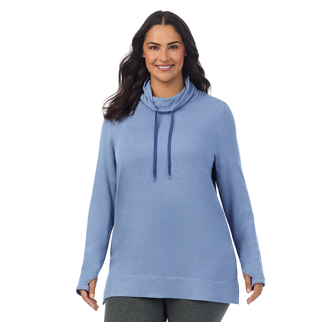 Smoke Blue Heather; Model is wearing size 1X. She is 5'10", Bust 40", Waist 33", Hips 47". @A lady wearing Ultra Cozy Long Sleeve Cowl Neck Tunic PLUS