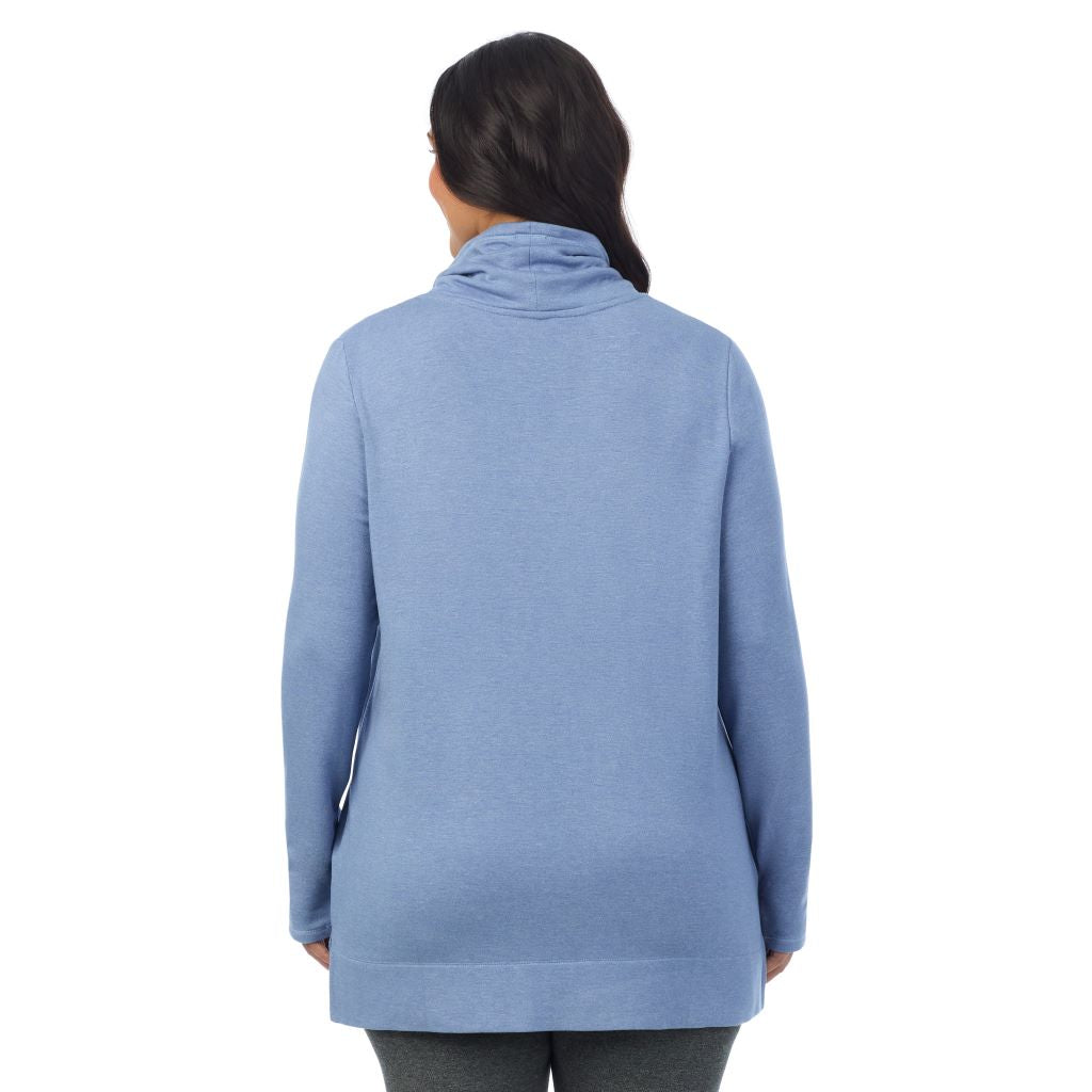 Smoke Blue Heather; Model is wearing size 1X. She is 5'10", Bust 40", Waist 33", Hips 47". @A lady wearing Ultra Cozy Long Sleeve Cowl Neck Tunic PLUS