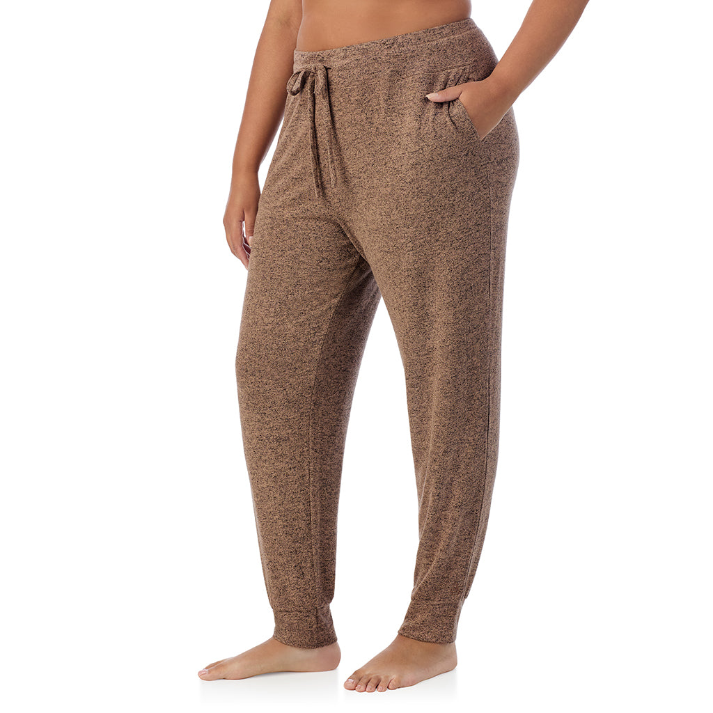 Marled Walnut Taupe; Model is wearing size 1X. She is 5'11", Bust 36", Waist 36.5", Hips 47.5". @ A Lady is wearing Marled Walnut Taupe Soft Knit Jogger PLUS