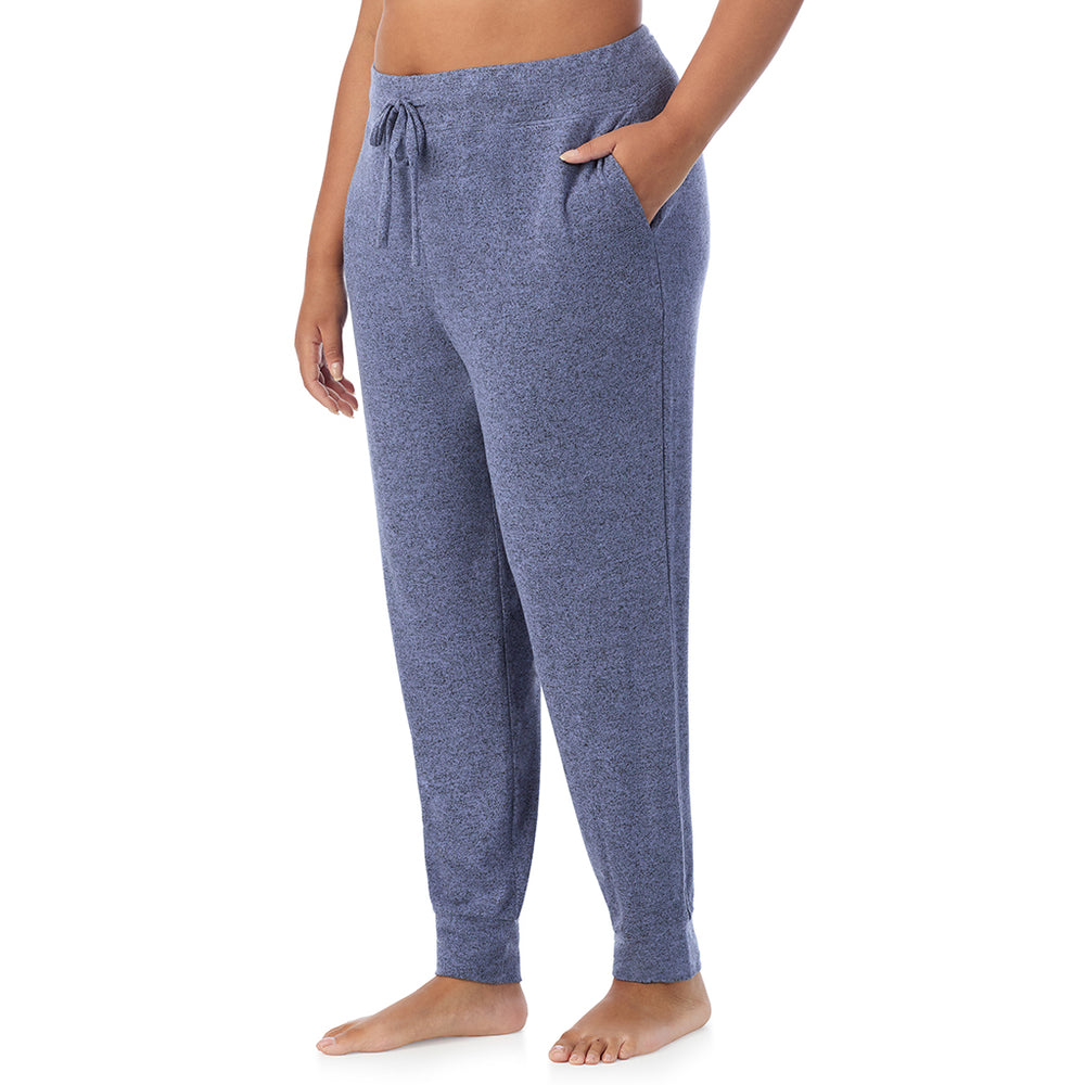 A Lady is wearing Marled Velvet Blue Soft Knit Jogger PLUS