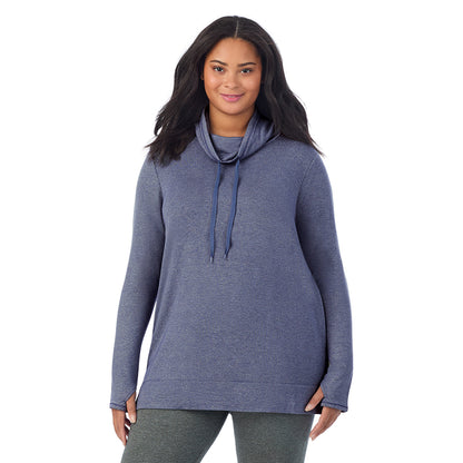 Twilight Blue Heather; Model is wearing size 1X. She is 5'11", Bust 36", Waist 36.5", Hips 47.5". @A lady wearing Ultra Cozy Long Sleeve Cowl Neck Tunic PLUS
