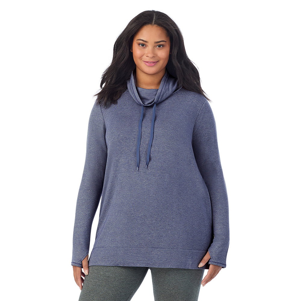 A lady wearing Ultra Cozy Long Sleeve Cowl Neck Tunic PLUS