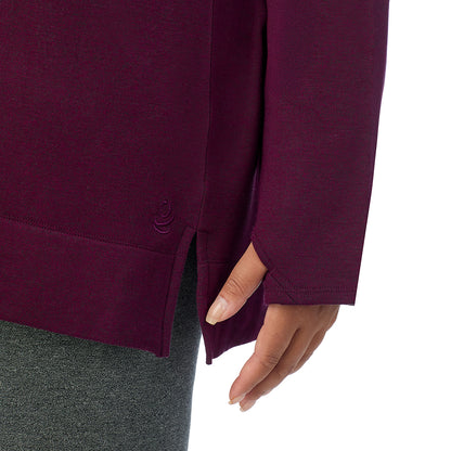 Dark Purple Heather; Model is wearing size 1X. She is 5'11", Bust 36", Waist 36.5", Hips 47.5". @A lady wearing Ultra Cozy Long Sleeve Cowl Neck Tunic PLUS