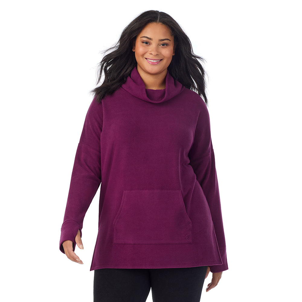 A Lady is wearing Dark Purple Evergreen Fleecewear With Stretch Long Sleeve Tunic PLUS