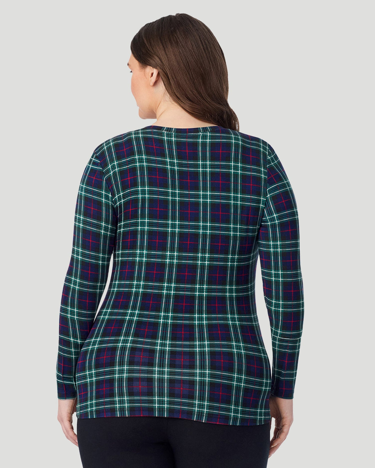  A Plus size lady wearing Blackwatch Plaid  Softwear With Stretch Long Sleeve V-Neck PLUS in a back view pose