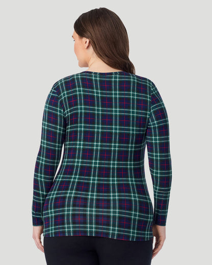  A Plus size lady wearing Blackwatch Plaid  Softwear With Stretch Long Sleeve V-Neck PLUS in a back view pose