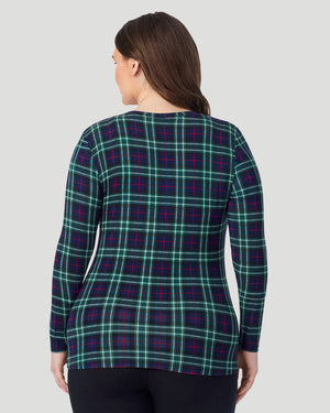  A Plus size lady wearing Blackwatch Plaid  Softwear With Stretch Long Sleeve V-Neck PLUS in a back view pose