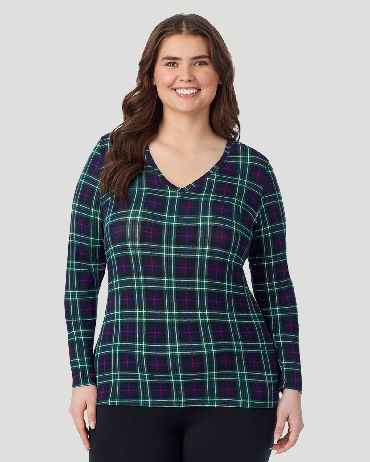 Blackwatch Plaid ; Model is wearing size 1X. She is 5'10", Bust 44", Waist 36", Hips 49". @ A Plus size lady wearing Blackwatch Plaid  Softwear With Stretch Long Sleeve V-Neck PLUS in a front view pose