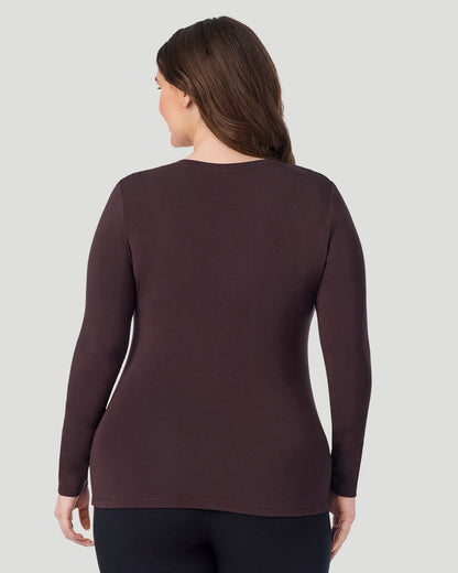  A Plus size lady wearing Mahogany Softwear With Stretch Long Sleeve V-Neck PLUS in a back view pose