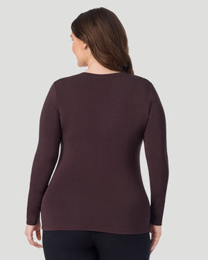  A Plus size lady wearing Mahogany Softwear With Stretch Long Sleeve V-Neck PLUS in a back view pose
