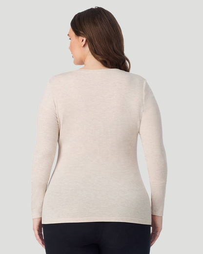  A Plus size lady wearing Oatmeal Heather Softwear With Stretch Long Sleeve V-Neck PLUS in a back view pose