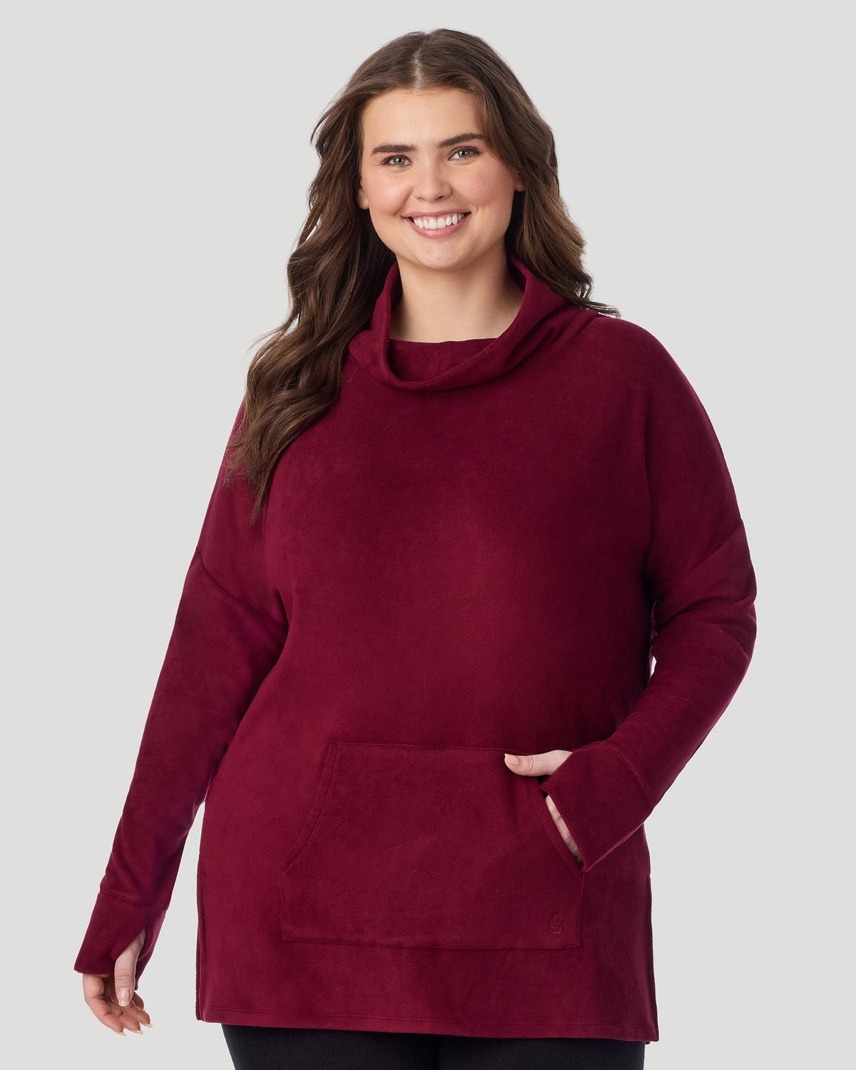 A lady wearing Fleecewear With Stretch Long Sleeve Tunic PLUS in Bordeaux