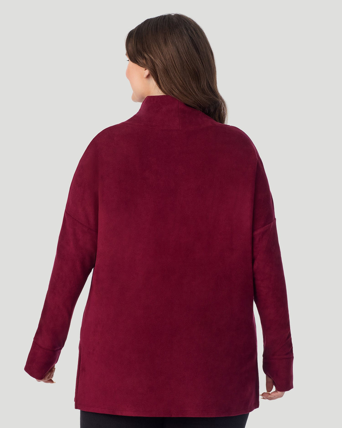 A lady wearing Fleecewear With Stretch Long Sleeve Tunic PLUS in Bordeaux