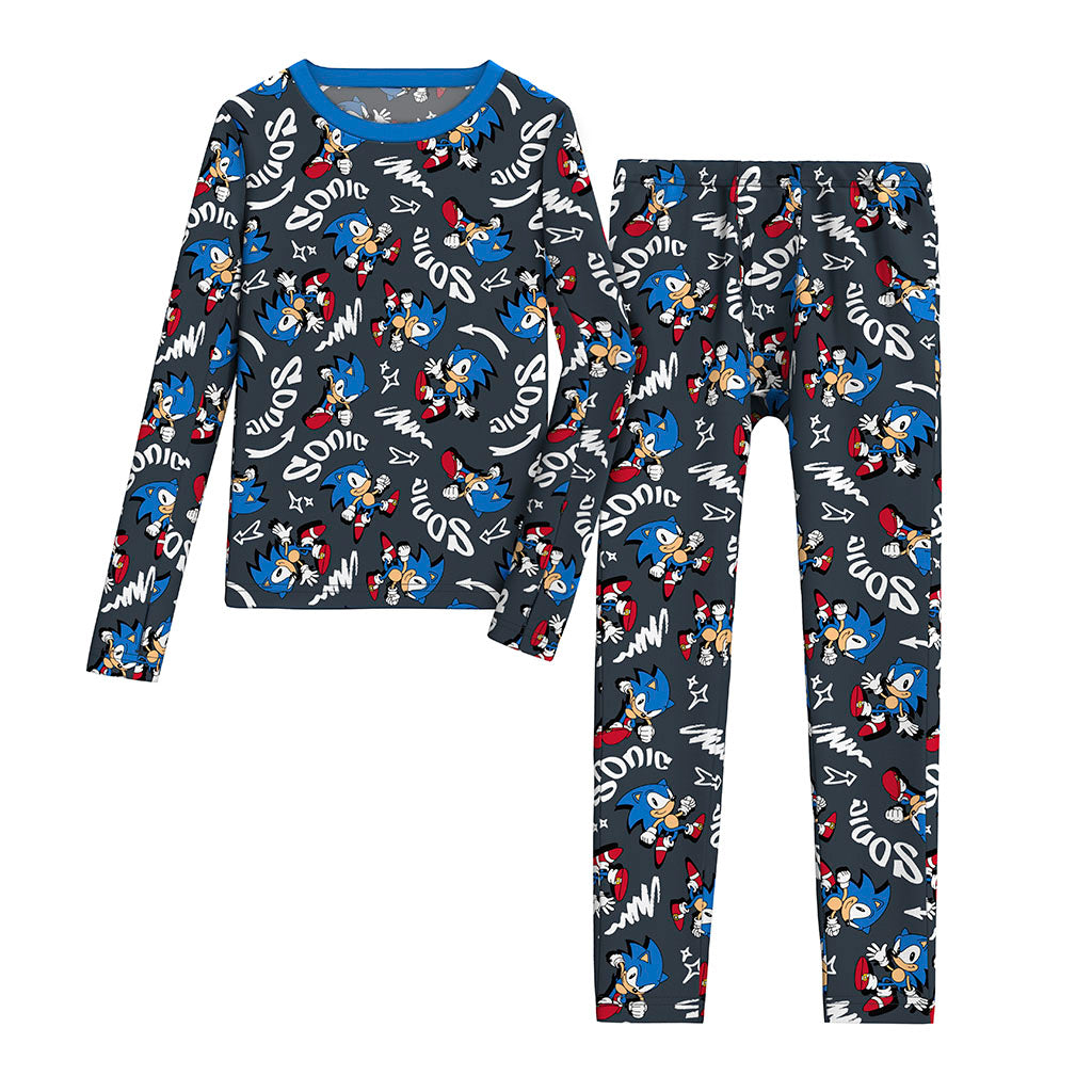 Navy Sonic; @ A Navy Sonic Sega's Sonic Boys Stretch Poly 2 pc. Long Sleeve Crew & Pant Set