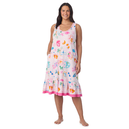  A Plus size lady wearing Cotton-Blend Sleeveless Sleep Midi-Gown PLUS in Pink Summer Scene posing front view pose