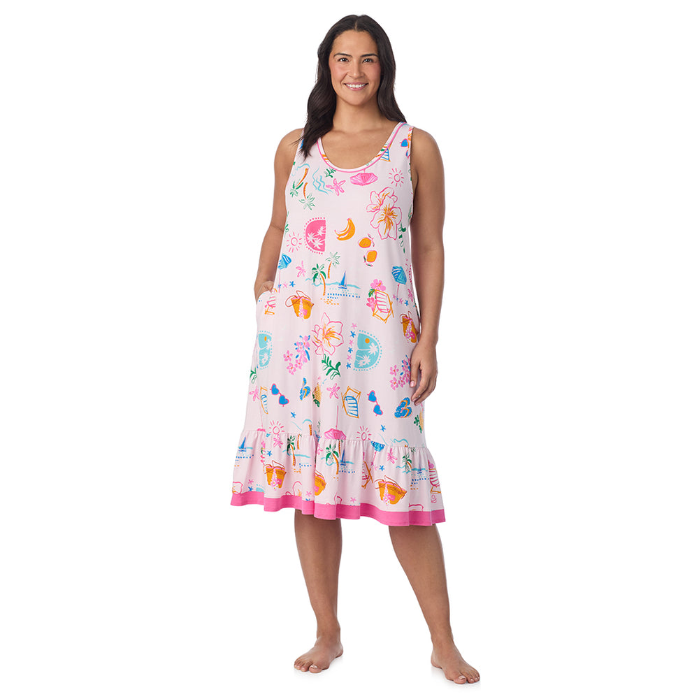 A Plus size lady wearing Cotton-Blend Sleeveless Sleep Midi-Gown PLUS in Pink Summer Scene posing front view pose