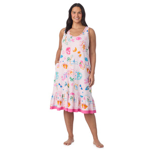  A Plus size lady wearing Cotton-Blend Sleeveless Sleep Midi-Gown PLUS in Pink Summer Scene posing front view pose