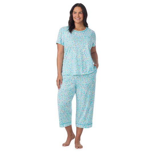  A Plus size lady wearing Cotton-Blend Sleeveless Sleep Midi-Gown PLUS in Teal Heart Animal posing front view pose