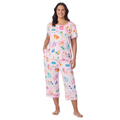 A Plus size lady wearing Cotton-Blend Sleeveless Sleep Midi-Gown PLUS in Pink Summer Scene posing front view pose