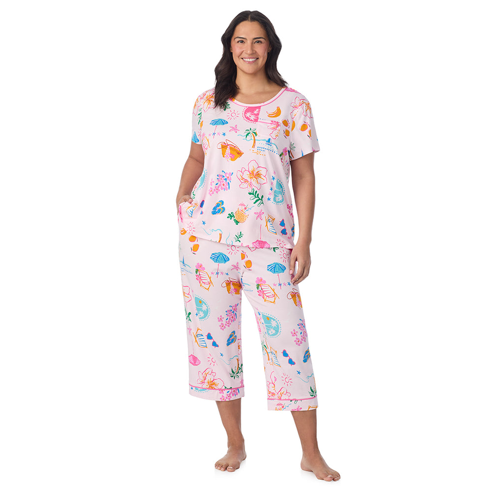 A Plus size lady wearing Cotton-Blend Sleeveless Sleep Midi-Gown PLUS in Pink Summer Scene posing front view pose