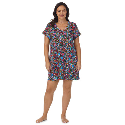 Spring Bloom;Model is wearing size 1X. She is 5'11.5", Bust 41", Waist 33", Hips 46"@A lady wearing short sleeve sleep shirt with floral print