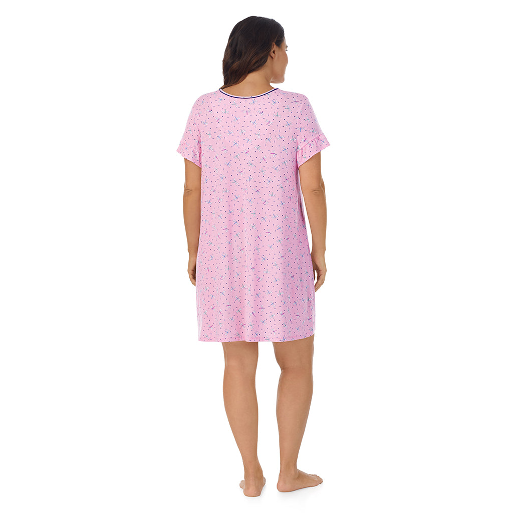 Pink Dragonfly; Model is wearing size 1X. She is 5'11.5", Bust 41", Waist 33", Hips 46"@A lady wearing pink short sleeve sleep shirt with pink dragonfly print