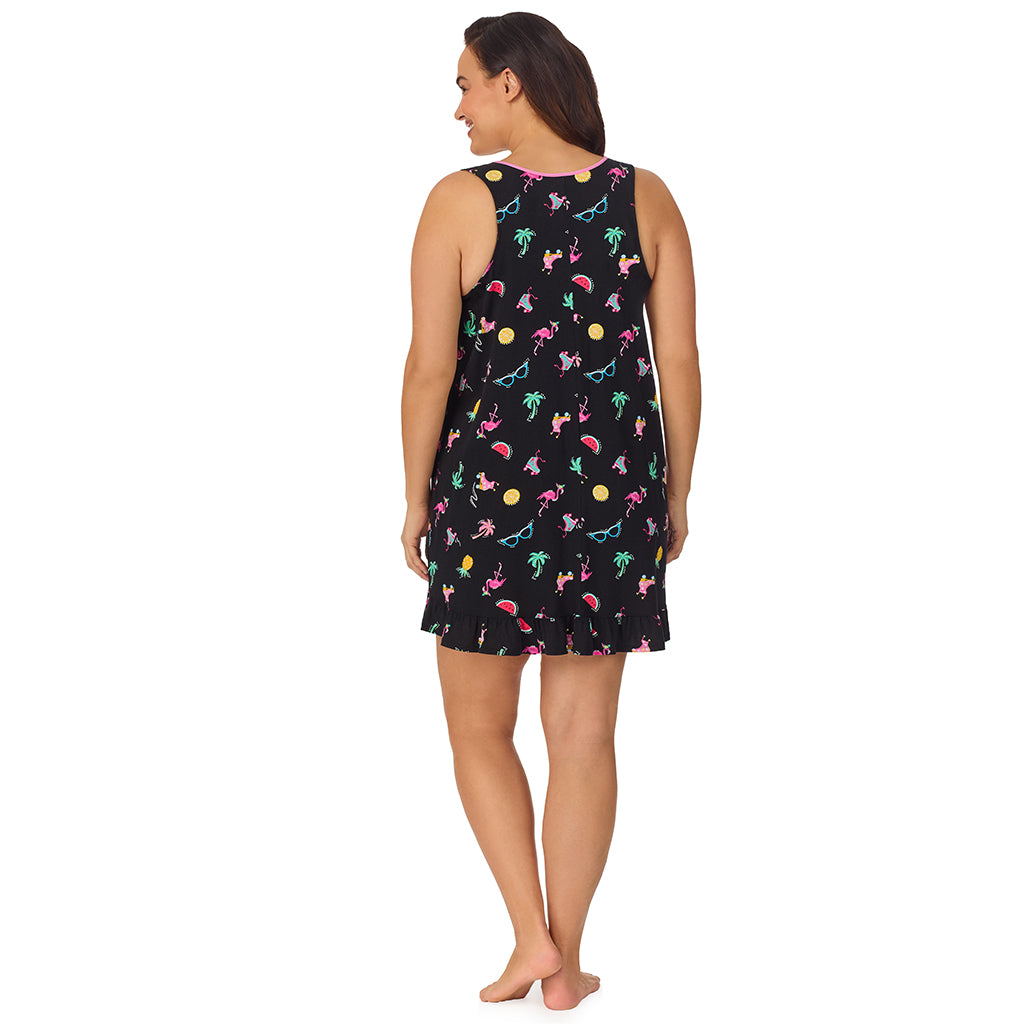 Summer Graphic; Model is wearing size 1X. She is 5'11.5", Bust 41", Waist 33", Hips 46".@A lady wearing black cotton blend sleeveless plus chemise with  summer graphic print.