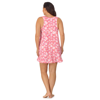 Coral Tropical; Model is wearing size 1X. She is 5'11.5", Bust 41", Waist 33", Hips 46".@A lady wearing pink cotton blend sleeveless plus chemise with  coral tropical print.