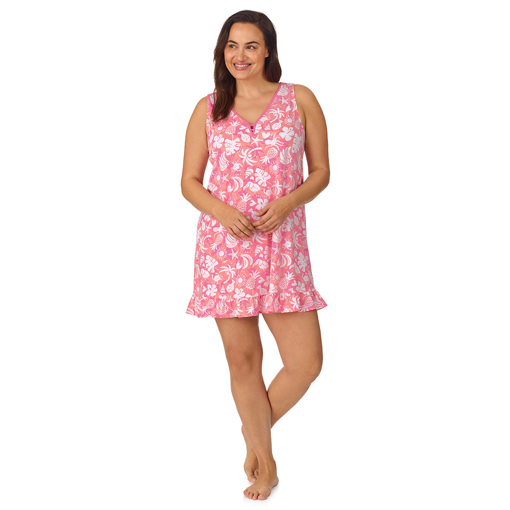Coral Tropical; Model is wearing size 1X. She is 5'11.5", Bust 41", Waist 33", Hips 46".@A lady wearing pink cotton blend sleeveless plus chemise with  coral tropical print.