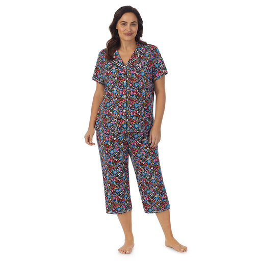 A lady wearing Short Sleeve Notch Collar pajama set with floral print