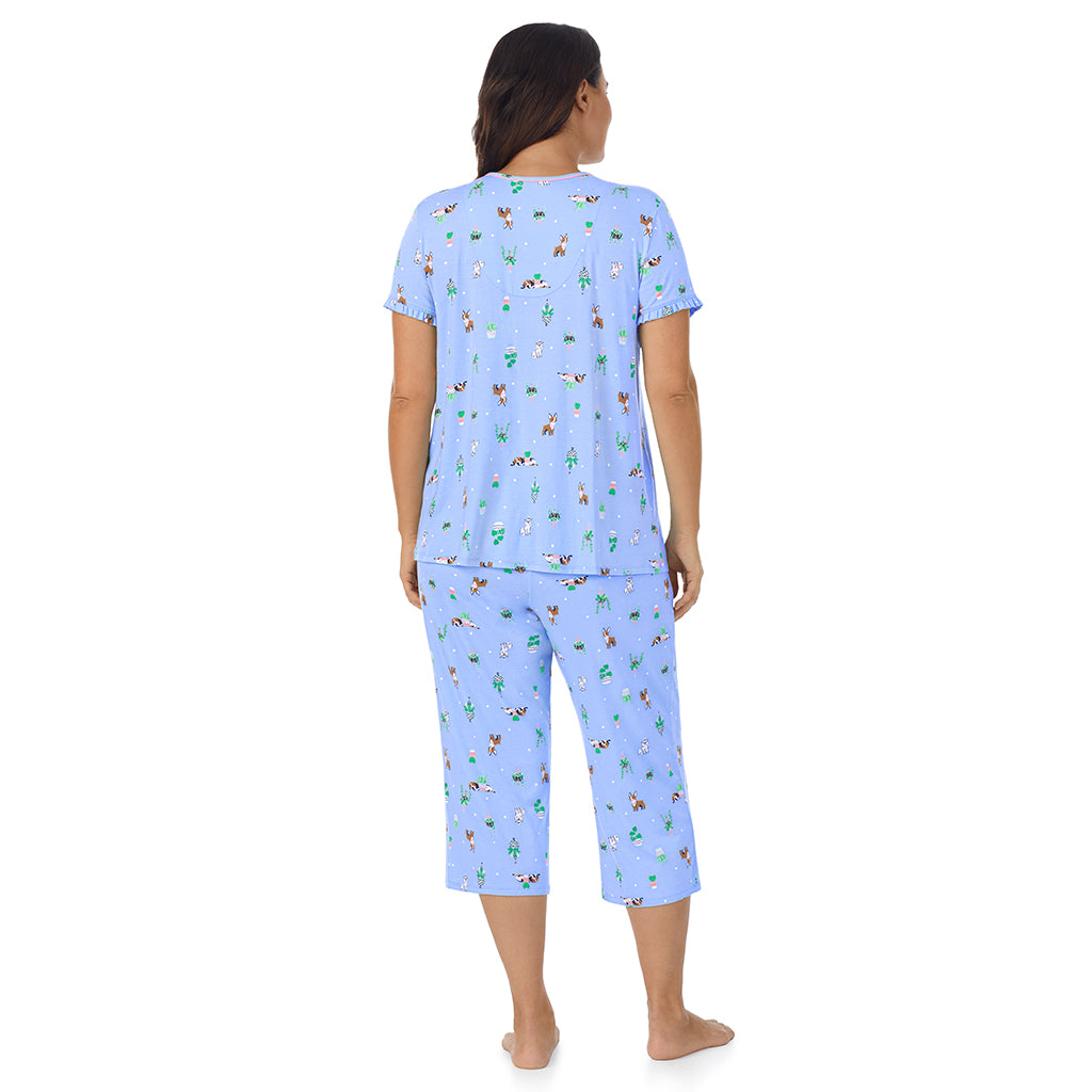 Succulent Dogs;Model is wearing size 1X. She is 5'11.5", Bust 41", Waist 33", Hips 46"@A lady wearing blueshort sleeve top with cropped pant pajama set with Succulent Dogs print
