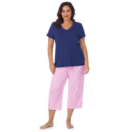 Women's Cropped Short Sleeve Sleep Set with Wide Leg Pant, Sleep Sets