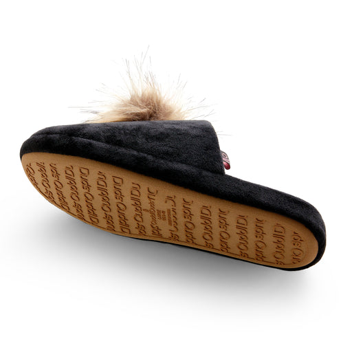 Black;@A black velour scuff slipper with velour lining & faux fur pom.