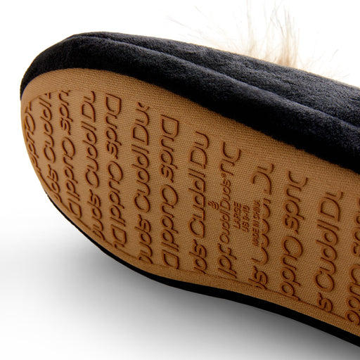 Black;@A black velour scuff slipper with velour lining & faux fur pom.