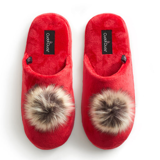 Haute Red;@A red velour scuff slipper with velour lining & faux fur pom.