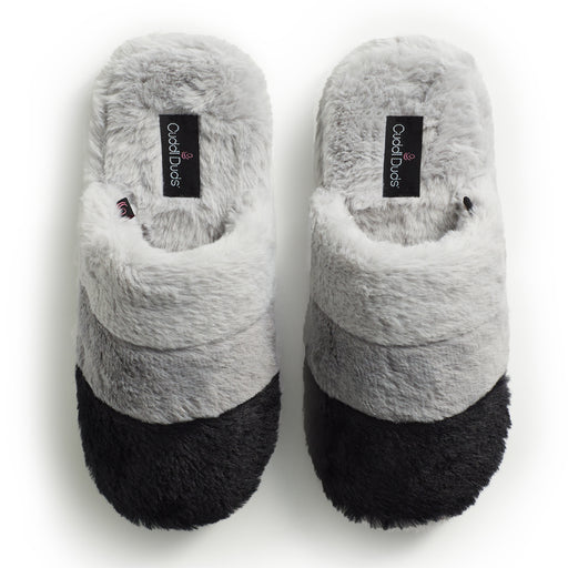 A Faux Fur Scuff Slipper with black-grey and white layers