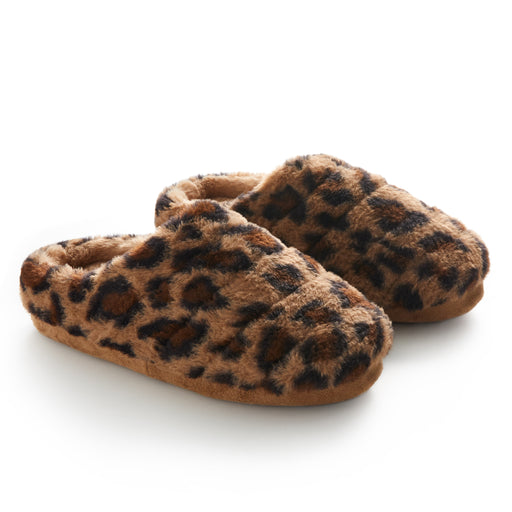 Natural Leopard;@Faux Fur Puff Clog Slipper with leopard print
