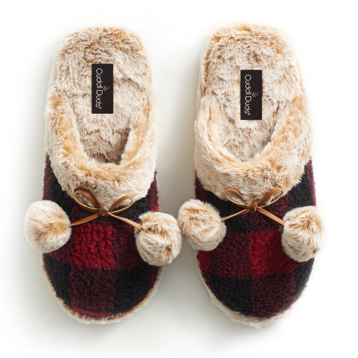 Rio Red Plaid;@red Plaid Sherpa Scuff Slipper with Faux Fur Lining & Poms