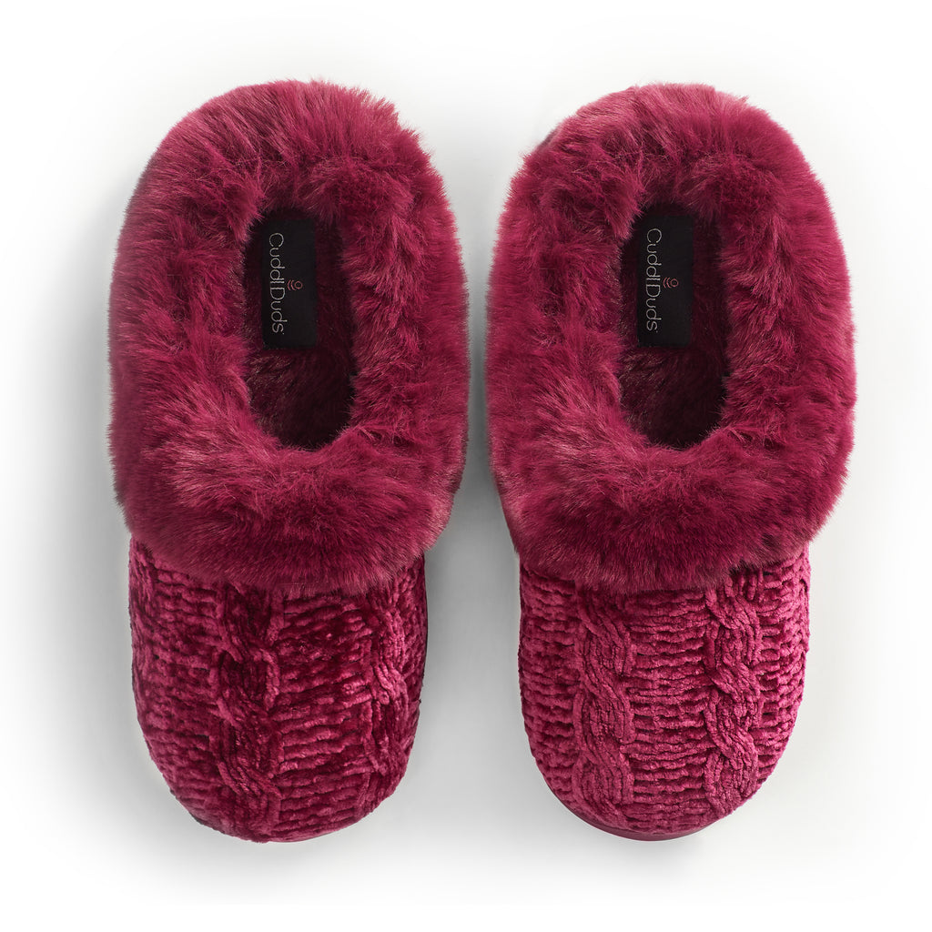 Cable Knit Chenille Clog Slipper with Faux Fur Lining