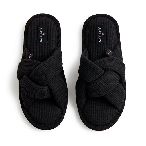 Black;@A heather waffle braid slide slipper.