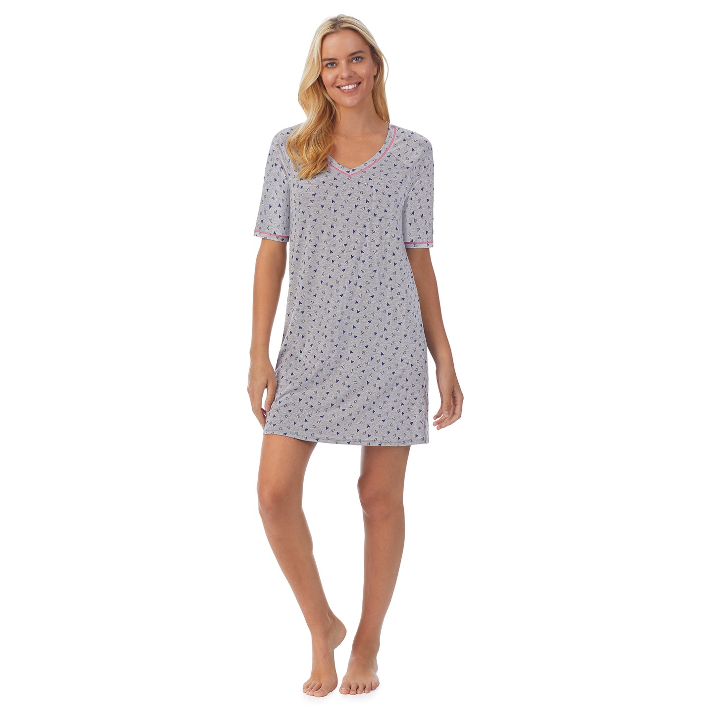 Heather Hearts; Model is wearing size S. She is 5'9", Bust 34", Waist 26", Hips 36".@ A lady wearingCuddl Smart Elbow Sleeve Sleep Tee with Heather Hearts print