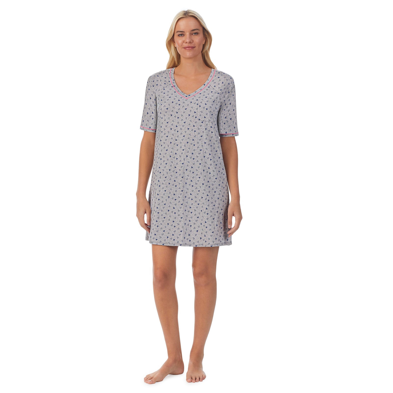 Heather Hearts; Model is wearing size S. She is 5'9", Bust 34", Waist 26", Hips 36".@ A lady wearingCuddl Smart Elbow Sleeve Sleep Tee with Heather Hearts print