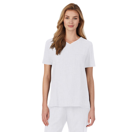 White;@A lady wearing white scrub v-neck top with chest pocket petite.