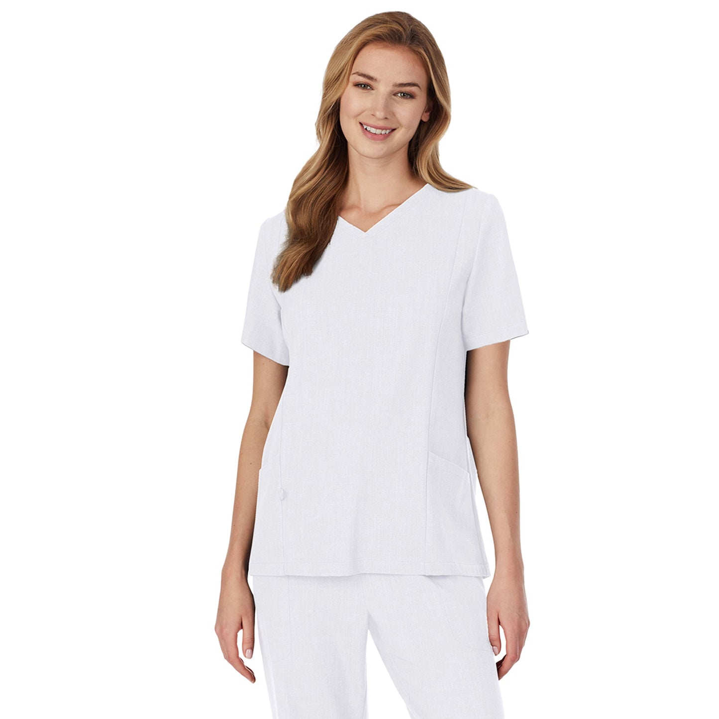 White;A lady wearing white scrub v-neck top with side pockets petite.