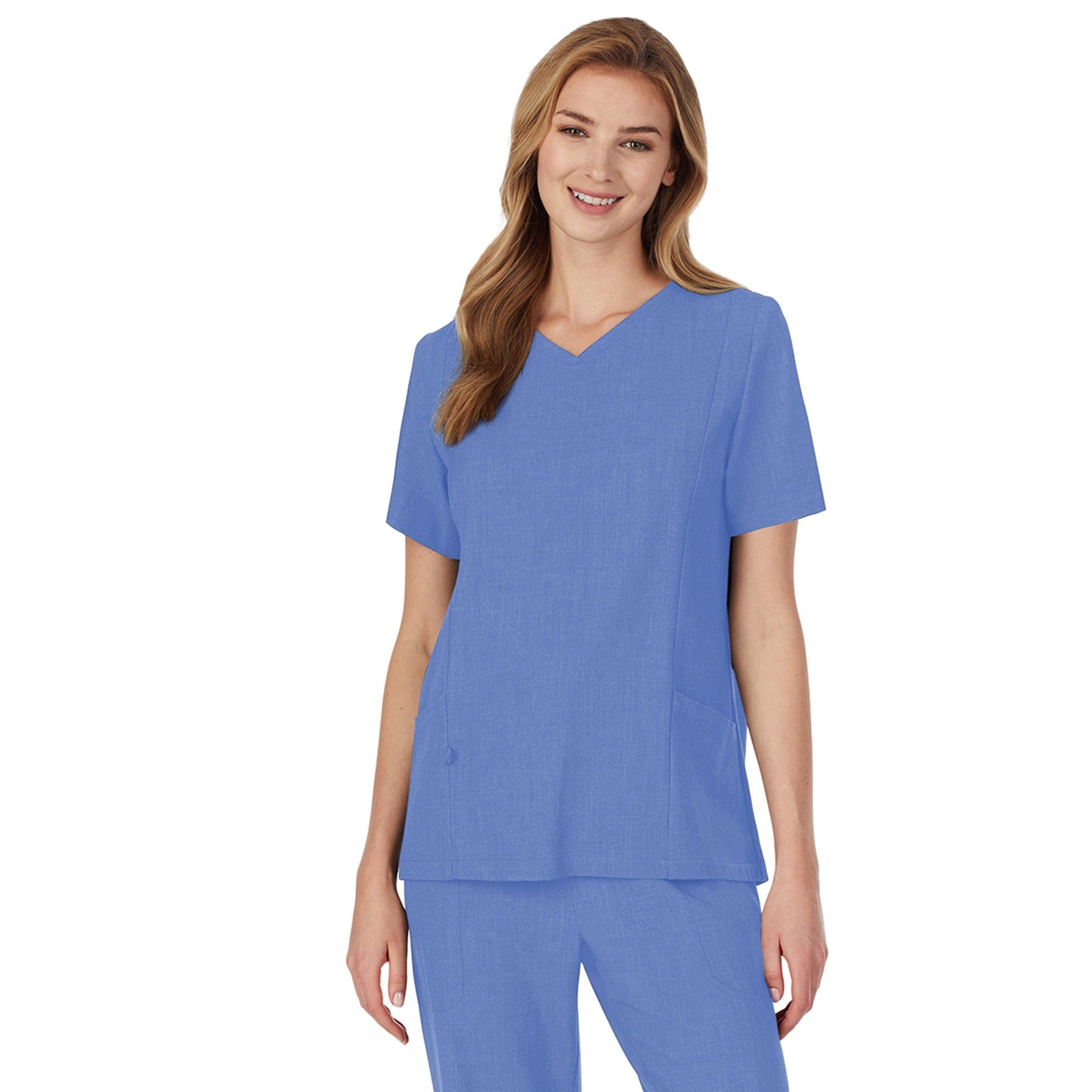 Ceil Heather;A lady wearing ceil heather scrub v-neck top with side pockets petite.