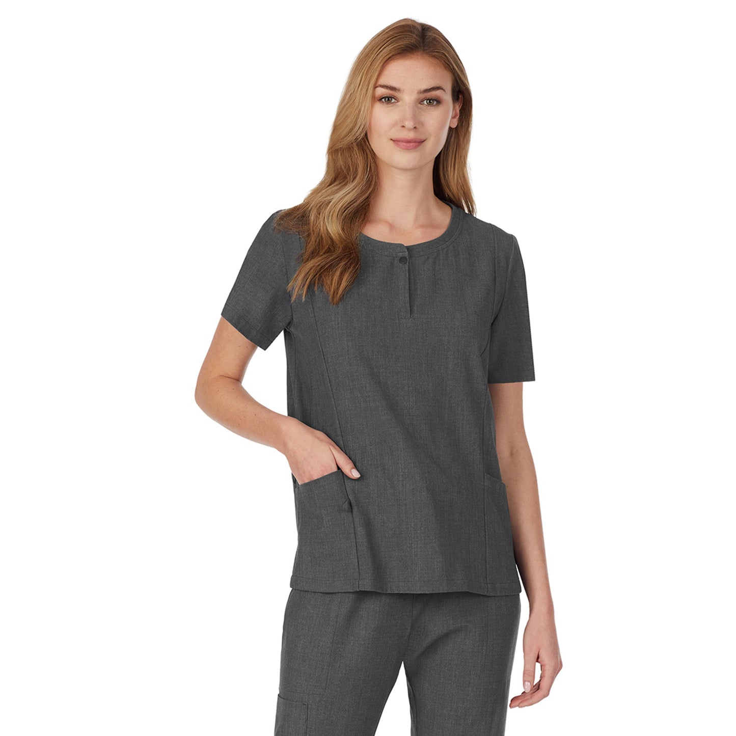 Charcoal Heather;@A lady wearing charcoal heather scrub henley neck top with side pockets petite.