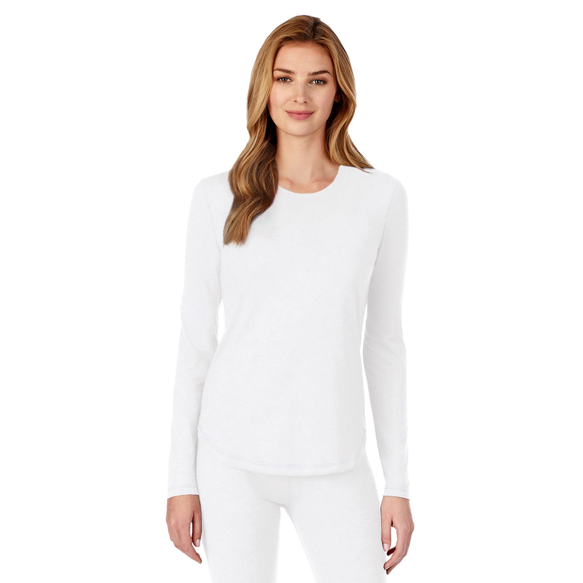White;Model is wearing size S. She is 5’9”, Bust 32”, Waist 23", Hips 34.5”.@A lady wearing white long sleeve underscrub crew neck to prtite.